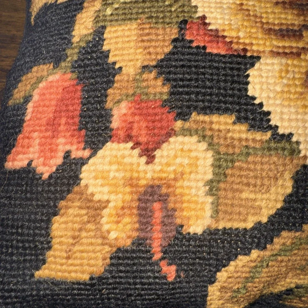 Vintage Floral Wool Black Needlepoint Throw Pillow Cottage Decor 11